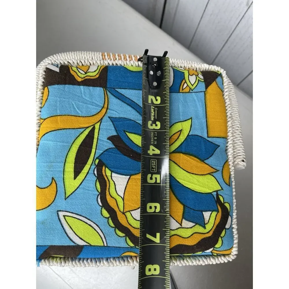 Vintage 70s Sewing Basket Retro Square Woven Blue Green Floral Psychedelic Japan